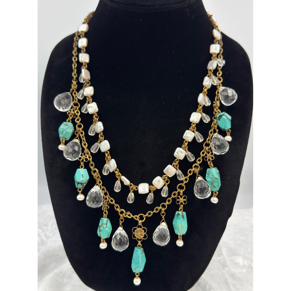 Stephen‎ Dweck Rare Turquoise Pearl Quartz Multi Strand Statement Necklace Brass